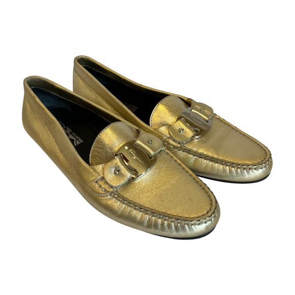 Salvatore Ferragamo Shoes - Salvatore Ferragamo Gold Metallic Loafers Womens Size 8.5 2A Extra Narrow